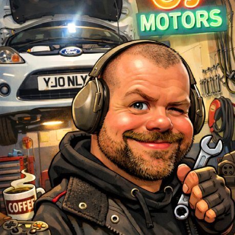 Cartoon illustration of Greg at GJ Motors garage in South East London holding a spanner, representing 30 years of family-run vehicle repair 
